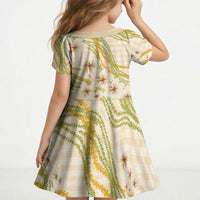 Melemele Ahiahia Hawai'i Palaka Plumeria Kid Short Sleeve Dress Puakenikeni and Maile Lei