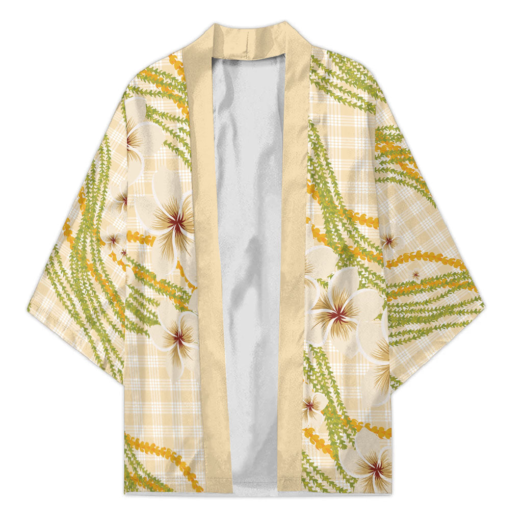 Melemele Ahiahia Hawai'i Palaka Plumeria Kimono Puakenikeni and Maile Lei LT9 Unisex Pastel Yellow - Polynesian Pride