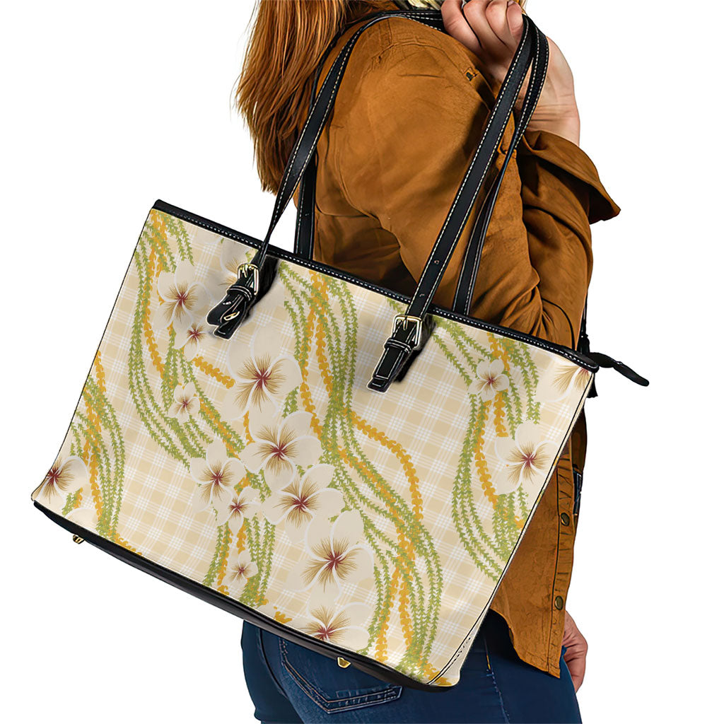Melemele Ahiahia Hawai'i Palaka Plumeria Leather Tote Bag Puakenikeni and Maile Lei