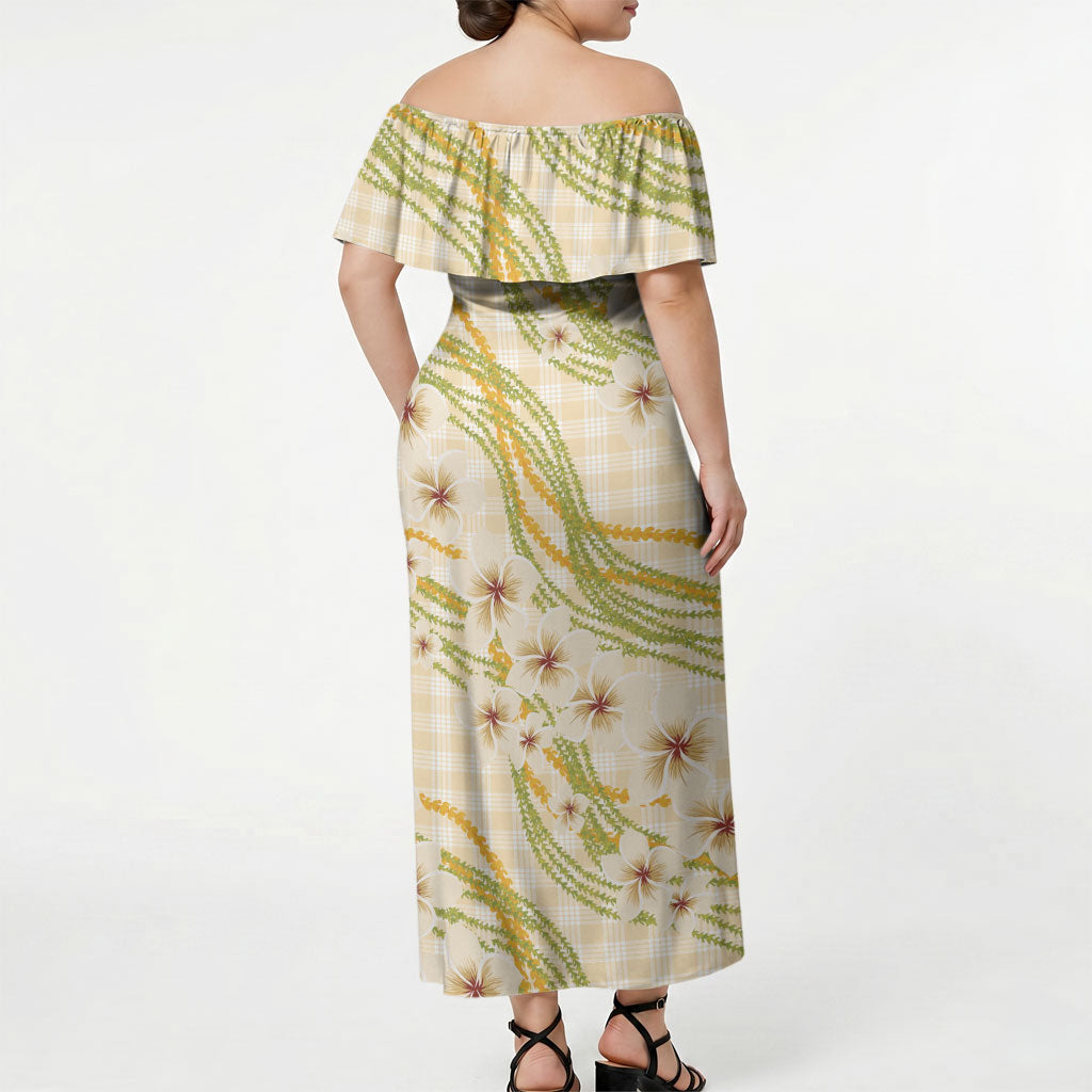 Melemele Ahiahia Hawai'i Palaka Plumeria Off Shoulder Maxi Dress Puakenikeni and Maile Lei