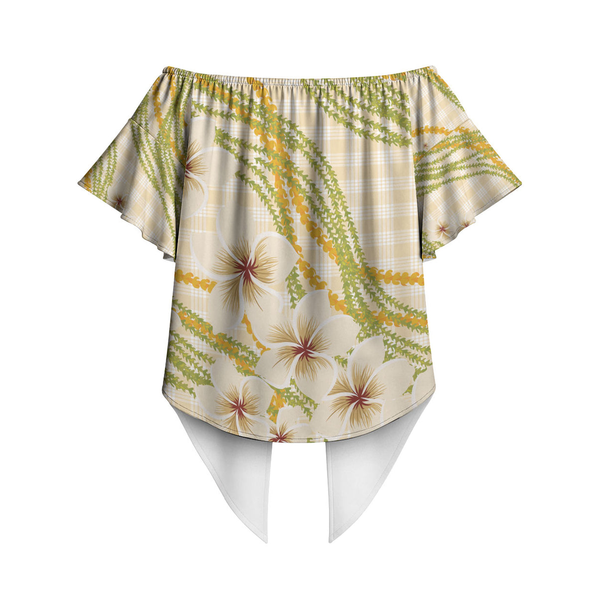 Melemele Ahiahia Hawai'i Palaka Plumeria Off Shoulder Wrap Waist Top Puakenikeni and Maile Lei LT9 - Polynesian Pride