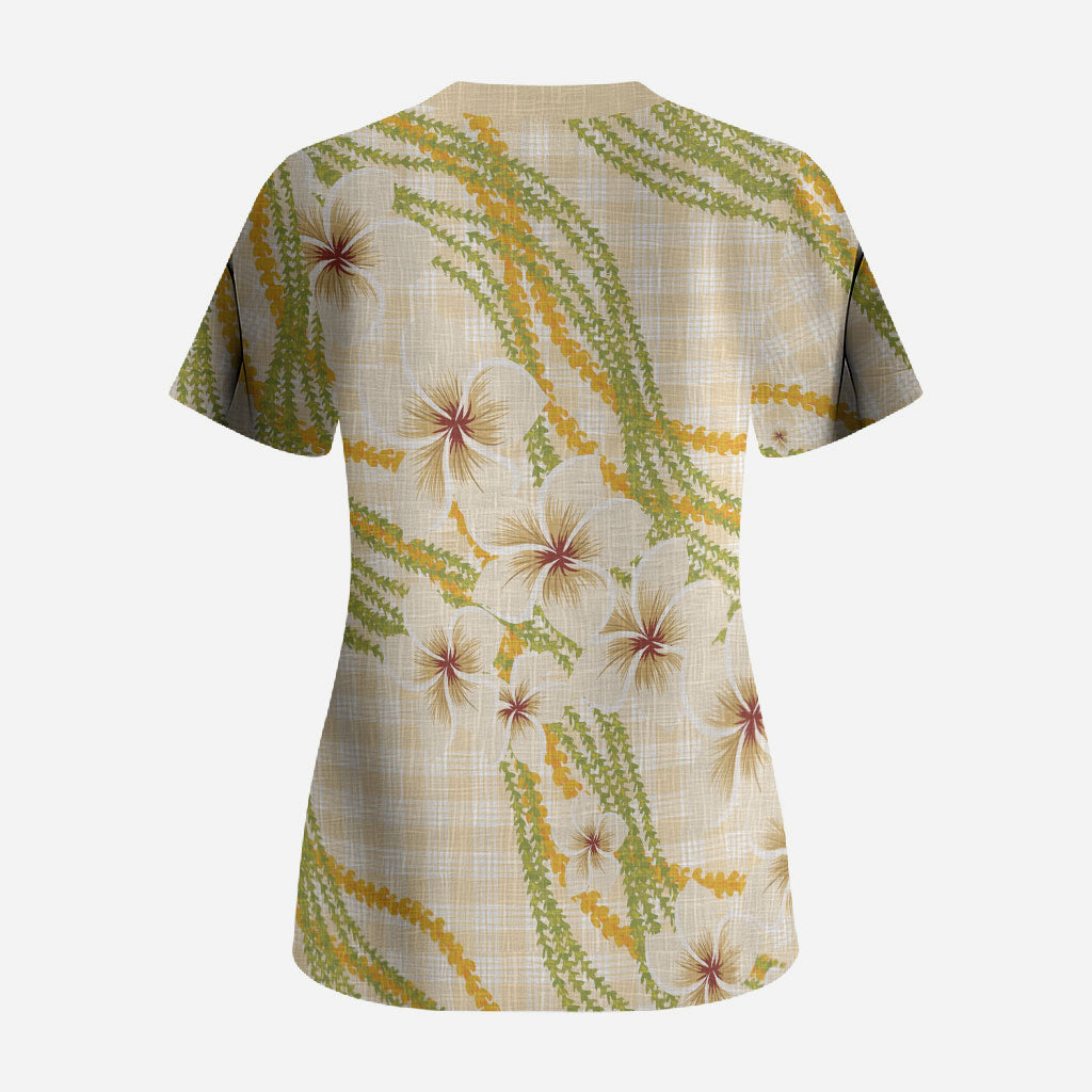Melemele Ahiahia Hawai'i Palaka Plumeria Scrub Top Puakenikeni and Maile Lei