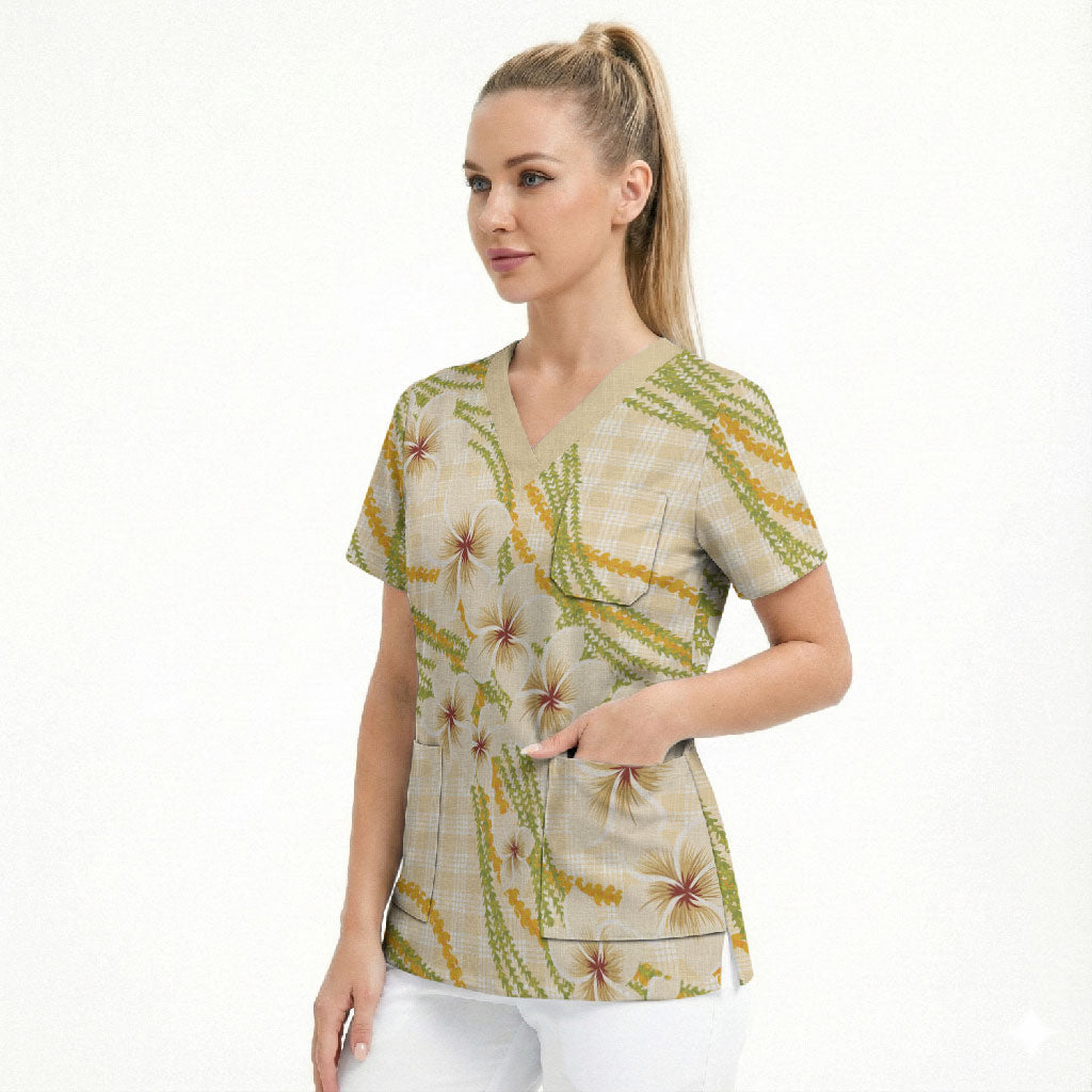 Melemele Ahiahia Hawai'i Palaka Plumeria Scrub Top Puakenikeni and Maile Lei