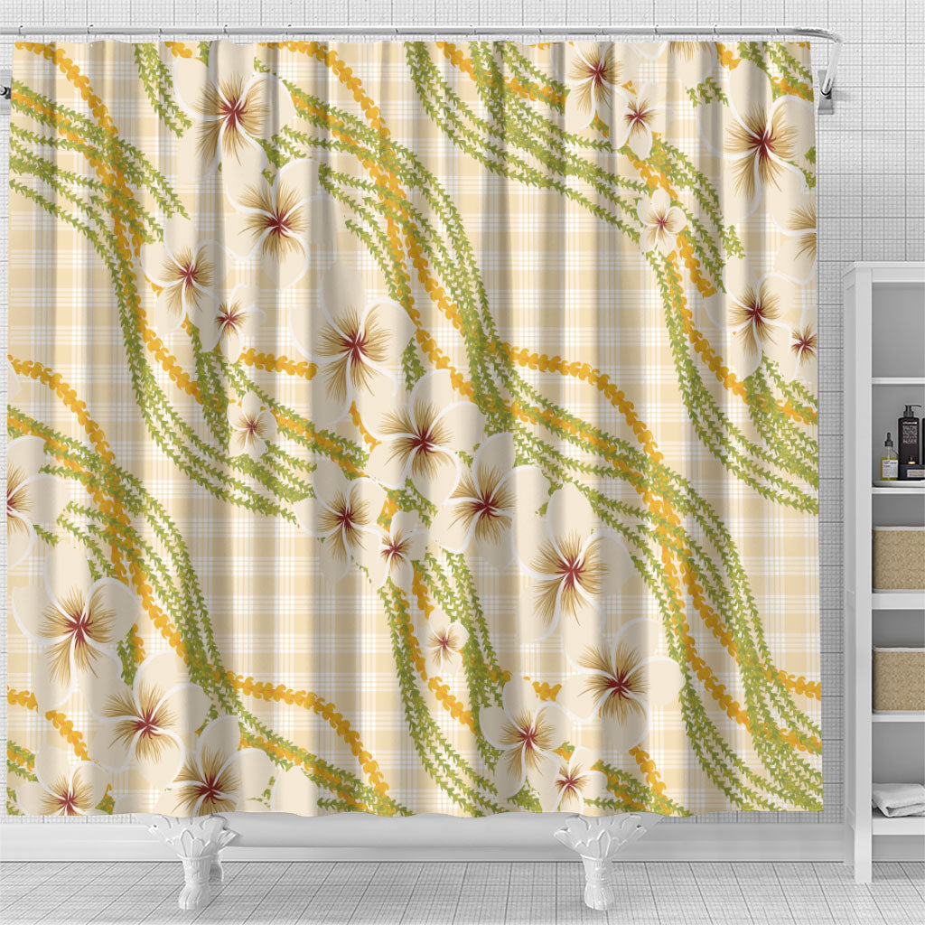 Melemele Ahiahia Hawai'i Palaka Plumeria Shower Curtain Puakenikeni and Maile Lei