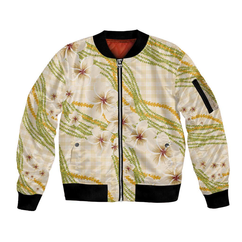 Melemele Ahiahia Hawai'i Palaka Plumeria Sleeve Zip Bomber Jacket Puakenikeni and Maile Lei