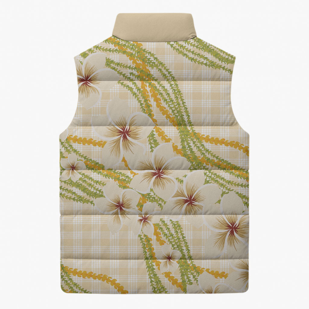 Melemele Ahiahia Hawai'i Palaka Plumeria Sleeveless Puffer Jacket Puakenikeni and Maile Lei