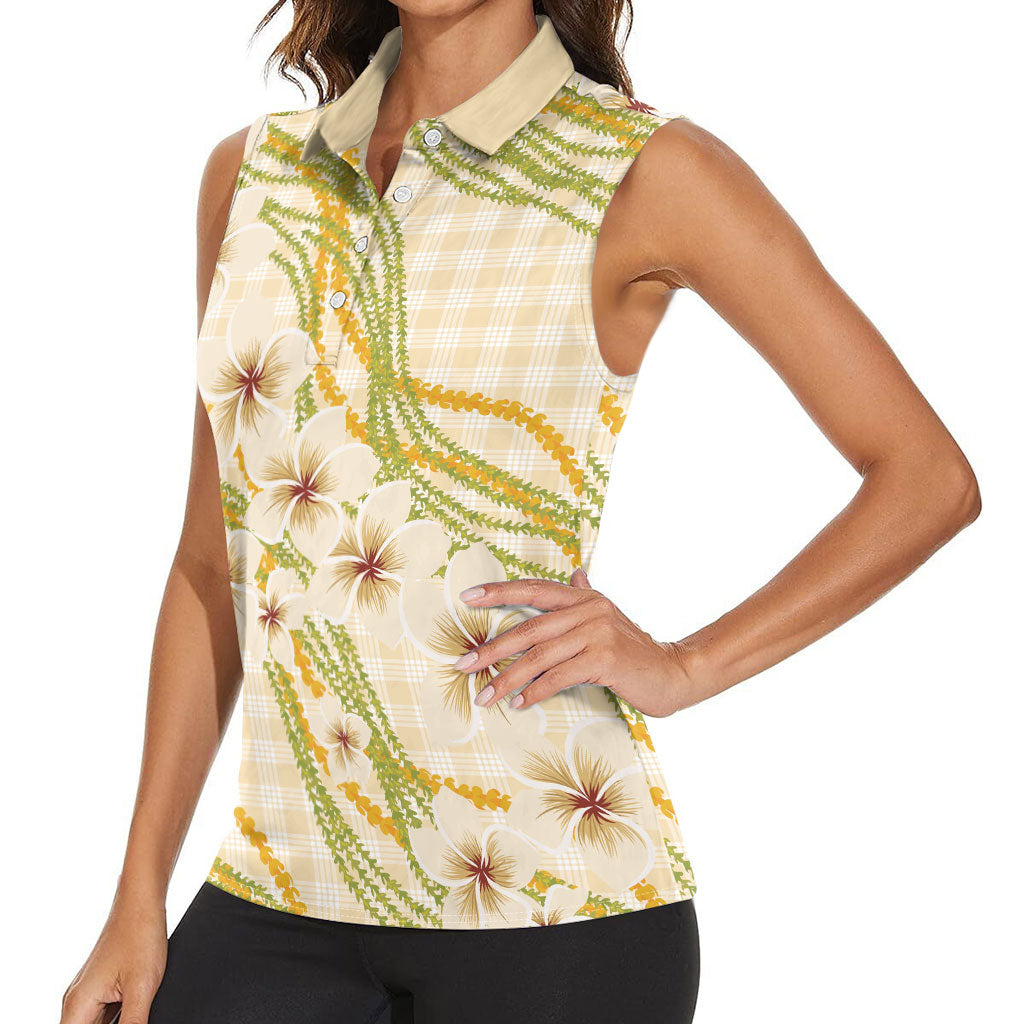 Melemele Ahiahia Hawai'i Palaka Plumeria Women Sleeveless Polo Shirt Puakenikeni and Maile Lei