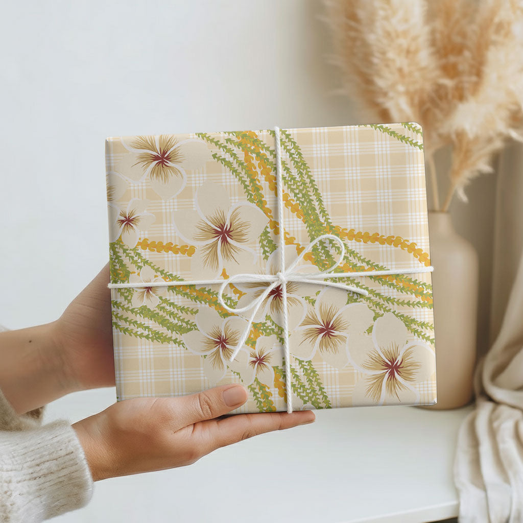 Melemele Ahiahia Hawai'i Palaka Plumeria Wrapping Paper Puakenikeni and Maile Lei