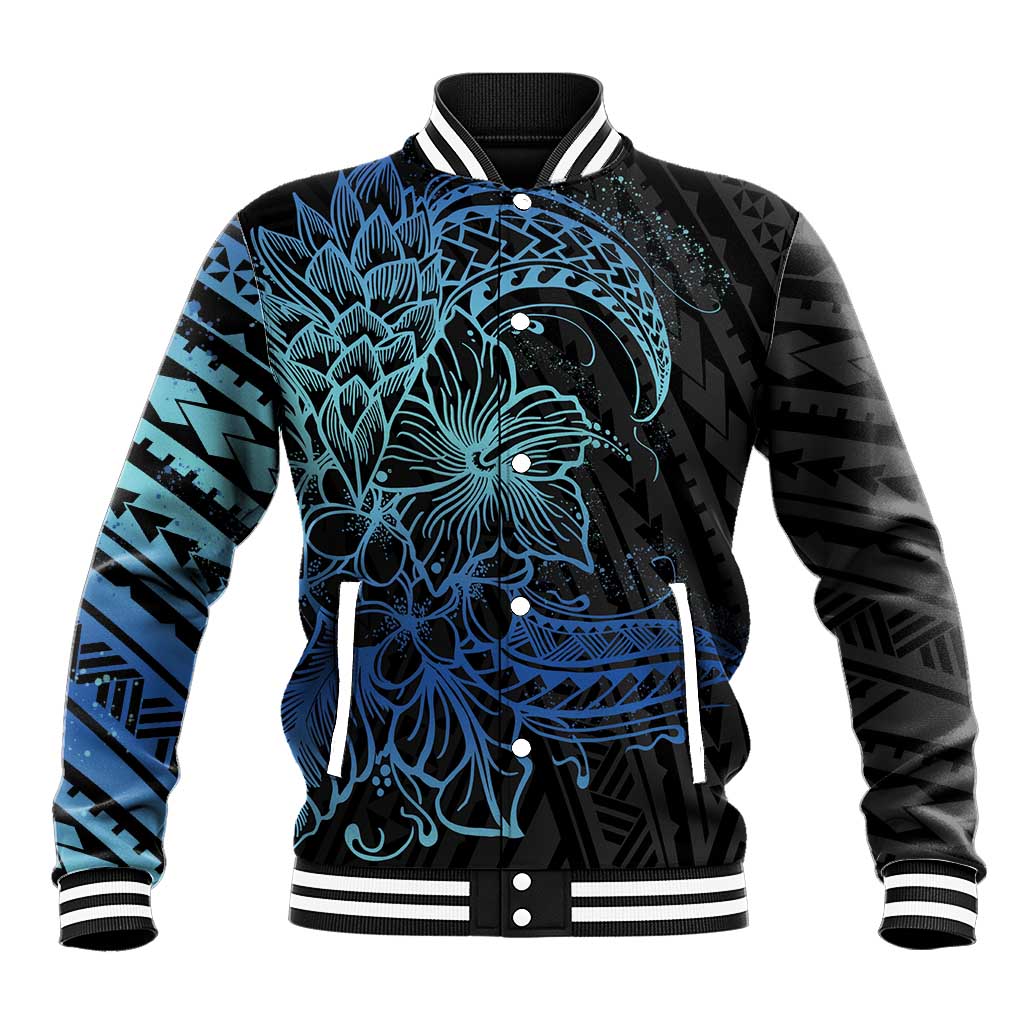 Floral Polynesian Hibiscus Tattoo Baseball Jacket Blue Gradient Style