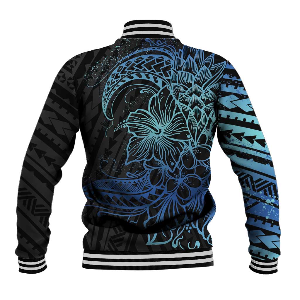 Floral Polynesian Hibiscus Tattoo Baseball Jacket Blue Gradient Style