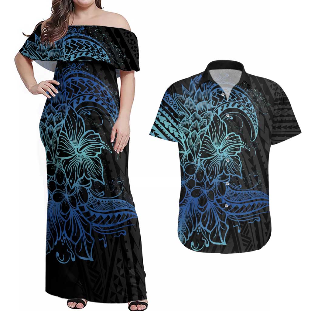 Floral Polynesian Hibiscus Tattoo Couples Matching Off Shoulder Maxi Dress and Hawaiian Shirt Blue Gradient Style