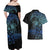 Floral Polynesian Hibiscus Tattoo Couples Matching Off Shoulder Maxi Dress and Hawaiian Shirt Blue Gradient Style