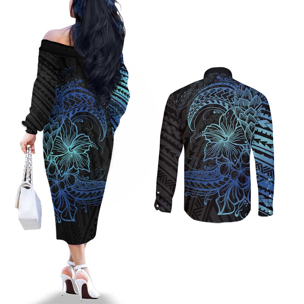 Floral Polynesian Hibiscus Tattoo Couples Matching Off The Shoulder Long Sleeve Dress and Long Sleeve Button Shirt Blue Gradient Style