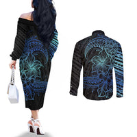 Floral Polynesian Hibiscus Tattoo Couples Matching Off The Shoulder Long Sleeve Dress and Long Sleeve Button Shirt Blue Gradient Style