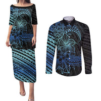 Floral Polynesian Hibiscus Tattoo Couples Matching Puletasi and Long Sleeve Button Shirt Blue Gradient Style LT9 Blue - Polynesian Pride