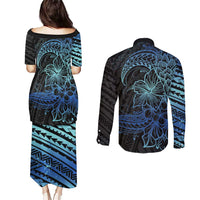 Floral Polynesian Hibiscus Tattoo Couples Matching Puletasi and Long Sleeve Button Shirt Blue Gradient Style LT9 - Polynesian Pride