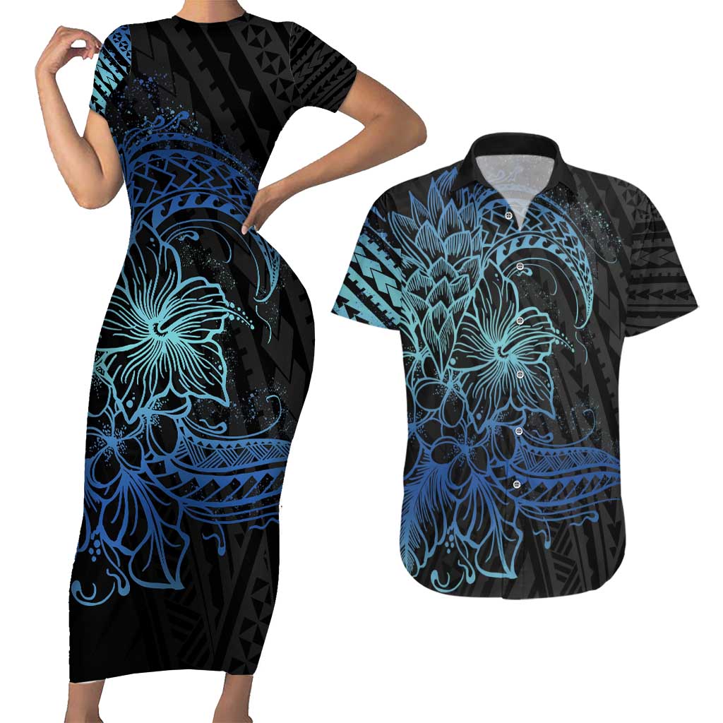 Floral Polynesian Hibiscus Tattoo Couples Matching Short Sleeve Bodycon Dress and Hawaiian Shirt Blue Gradient Style