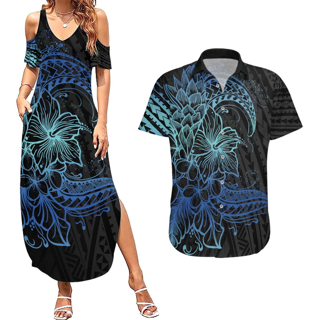 Floral Polynesian Hibiscus Tattoo Couples Matching Summer Maxi Dress and Hawaiian Shirt Blue Gradient Style