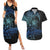Floral Polynesian Hibiscus Tattoo Couples Matching Summer Maxi Dress and Hawaiian Shirt Blue Gradient Style