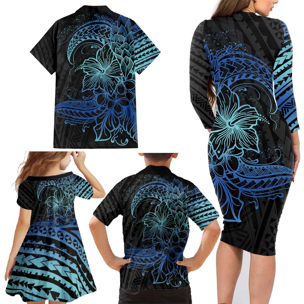 Floral Polynesian Hibiscus Tattoo Family Matching Long Sleeve Bodycon Dress and Hawaiian Shirt Blue Gradient Style LT9 - Polynesian Pride