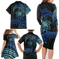 Floral Polynesian Hibiscus Tattoo Family Matching Long Sleeve Bodycon Dress and Hawaiian Shirt Blue Gradient Style LT9 - Polynesian Pride