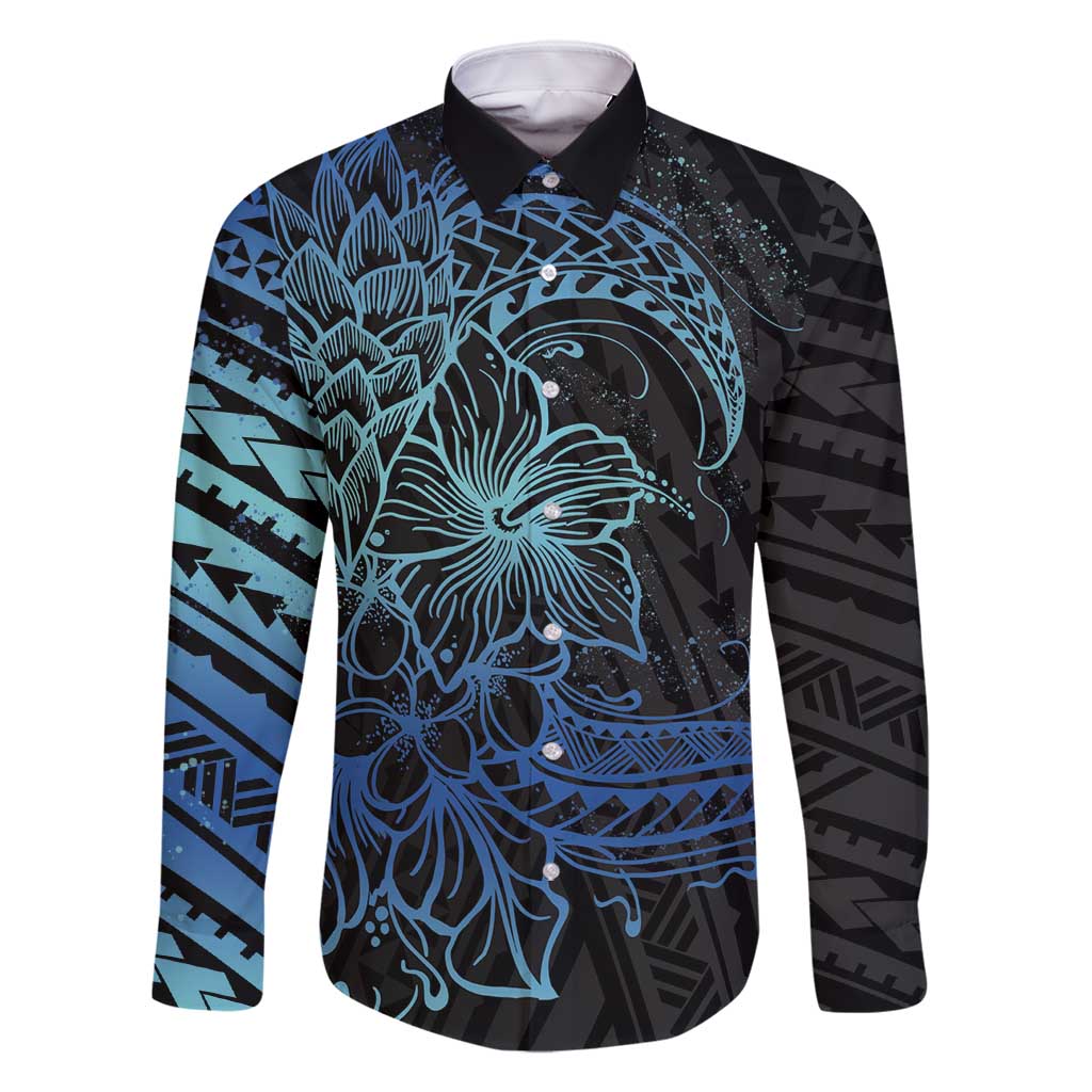 Floral Polynesian Hibiscus Tattoo Family Matching Long Sleeve Bodycon Dress and Hawaiian Shirt Blue Gradient Style LT9 Dad's Shirt - Long Sleeve Blue - Polynesian Pride