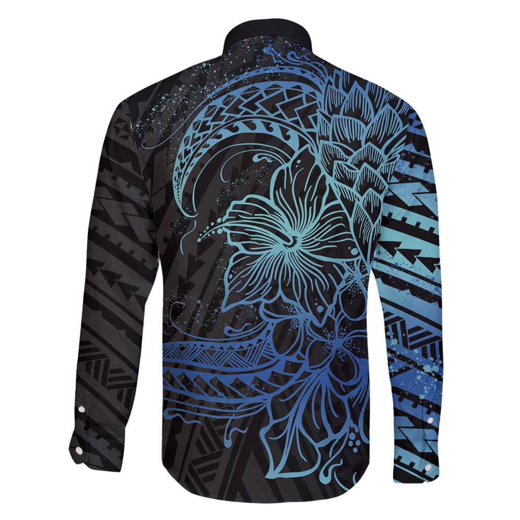 Floral Polynesian Hibiscus Tattoo Family Matching Long Sleeve Bodycon Dress and Hawaiian Shirt Blue Gradient Style LT9 - Polynesian Pride