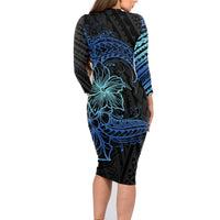 Floral Polynesian Hibiscus Tattoo Family Matching Long Sleeve Bodycon Dress and Hawaiian Shirt Blue Gradient Style LT9 - Polynesian Pride