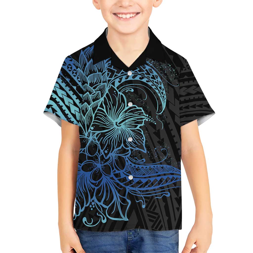 Floral Polynesian Hibiscus Tattoo Family Matching Long Sleeve Bodycon Dress and Hawaiian Shirt Blue Gradient Style LT9 Son's Shirt Blue - Polynesian Pride