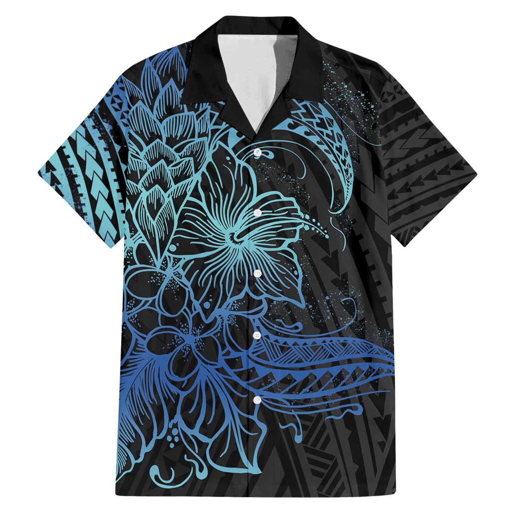 Floral Polynesian Hibiscus Tattoo Family Matching Mermaid Dress and Hawaiian Shirt Blue Gradient Style LT9 Dad's Shirt - Short Sleeve Blue - Polynesian Pride
