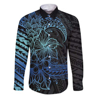 Floral Polynesian Hibiscus Tattoo Family Matching Mermaid Dress and Hawaiian Shirt Blue Gradient Style LT9 Dad's Shirt - Long Sleeve Blue - Polynesian Pride