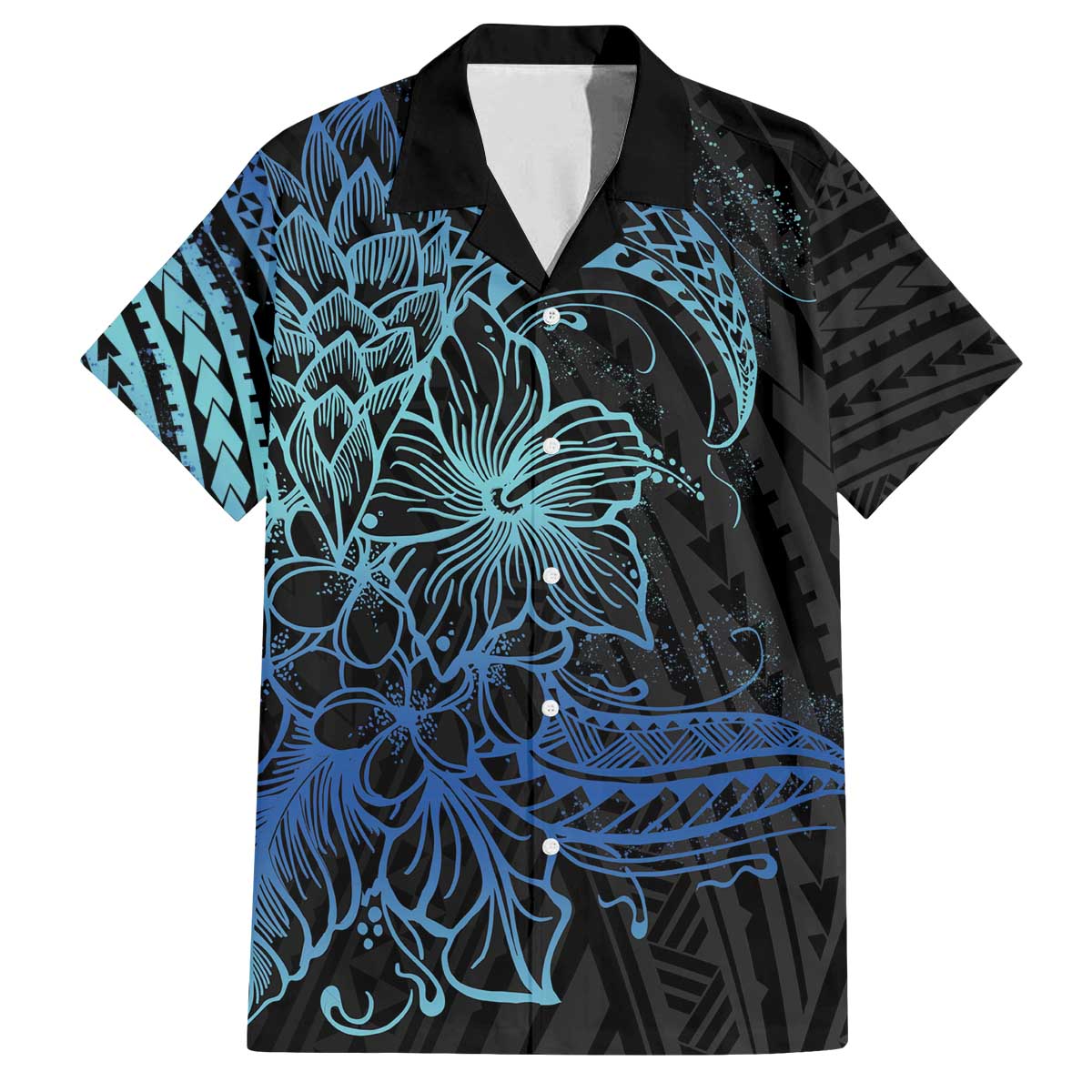 Floral Polynesian Hibiscus Tattoo Family Matching Off The Shoulder Long Sleeve Dress and Hawaiian Shirt Blue Gradient Style