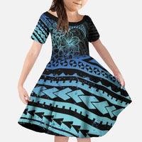 Floral Polynesian Hibiscus Tattoo Family Matching Short Sleeve Bodycon Dress and Hawaiian Shirt Blue Gradient Style LT9 Daughter's Dress Blue - Polynesian Pride