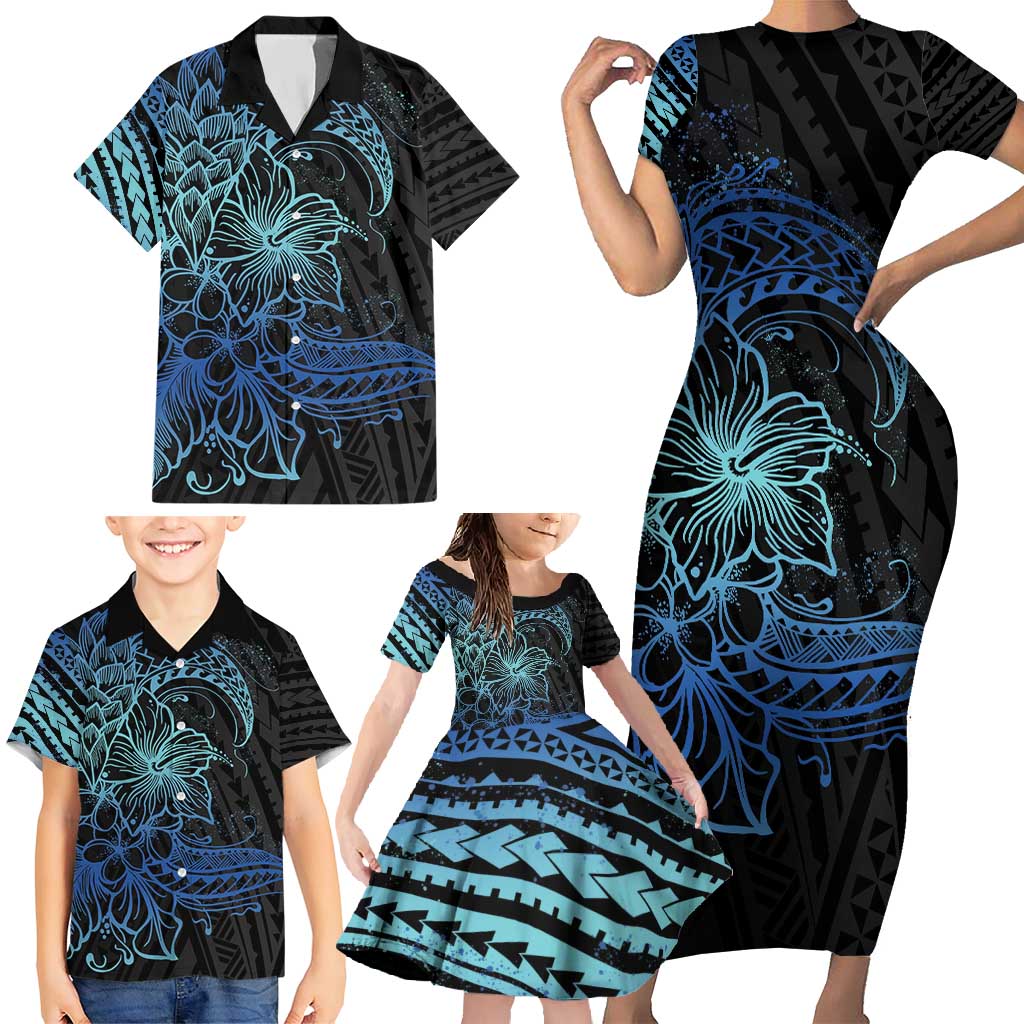 Floral Polynesian Hibiscus Tattoo Family Matching Short Sleeve Bodycon Dress and Hawaiian Shirt Blue Gradient Style LT9 - Polynesian Pride