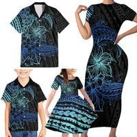 Floral Polynesian Hibiscus Tattoo Family Matching Short Sleeve Bodycon Dress and Hawaiian Shirt Blue Gradient Style LT9 - Polynesian Pride