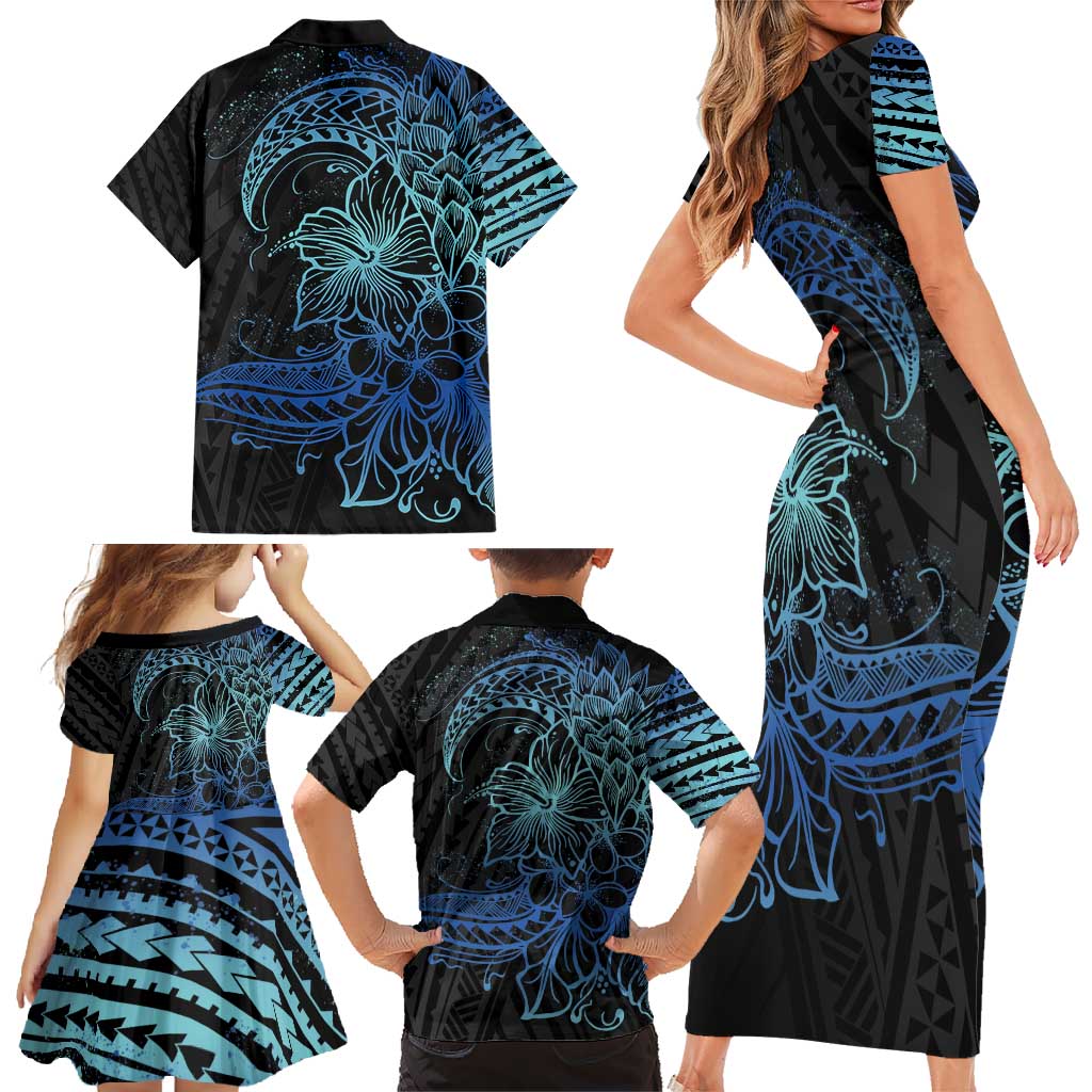 Floral Polynesian Hibiscus Tattoo Family Matching Short Sleeve Bodycon Dress and Hawaiian Shirt Blue Gradient Style LT9 - Polynesian Pride