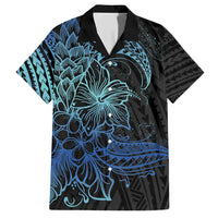 Floral Polynesian Hibiscus Tattoo Family Matching Short Sleeve Bodycon Dress and Hawaiian Shirt Blue Gradient Style LT9 Dad's Shirt - Short Sleeve Blue - Polynesian Pride
