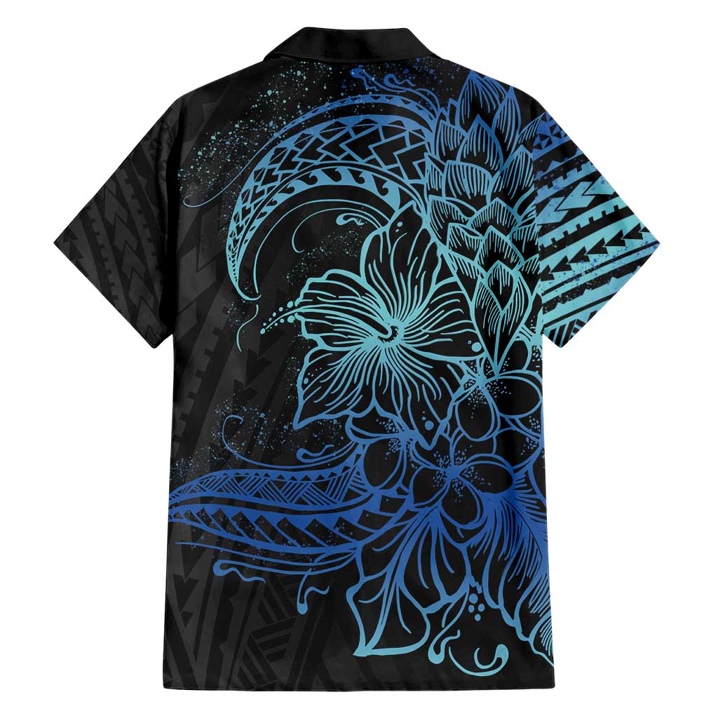 Floral Polynesian Hibiscus Tattoo Family Matching Short Sleeve Bodycon Dress and Hawaiian Shirt Blue Gradient Style LT9 - Polynesian Pride
