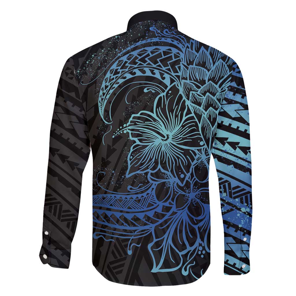 Floral Polynesian Hibiscus Tattoo Family Matching Short Sleeve Bodycon Dress and Hawaiian Shirt Blue Gradient Style LT9 - Polynesian Pride