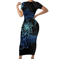Floral Polynesian Hibiscus Tattoo Family Matching Short Sleeve Bodycon Dress and Hawaiian Shirt Blue Gradient Style LT9 Mom's Dress Blue - Polynesian Pride