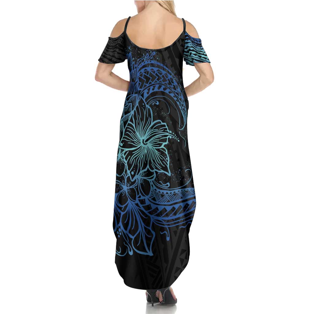 Floral Polynesian Hibiscus Tattoo Family Matching Summer Maxi Dress and Hawaiian Shirt Blue Gradient Style