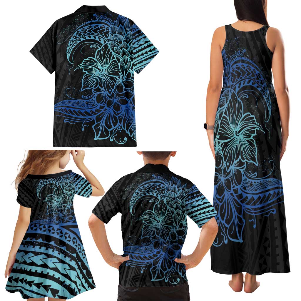 Floral Polynesian Hibiscus Tattoo Family Matching Tank Maxi Dress and Hawaiian Shirt Blue Gradient Style