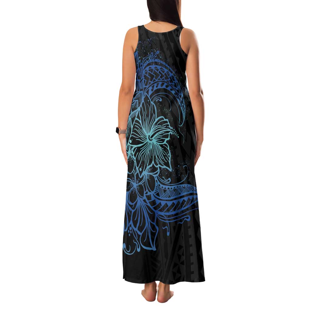 Floral Polynesian Hibiscus Tattoo Family Matching Tank Maxi Dress and Hawaiian Shirt Blue Gradient Style