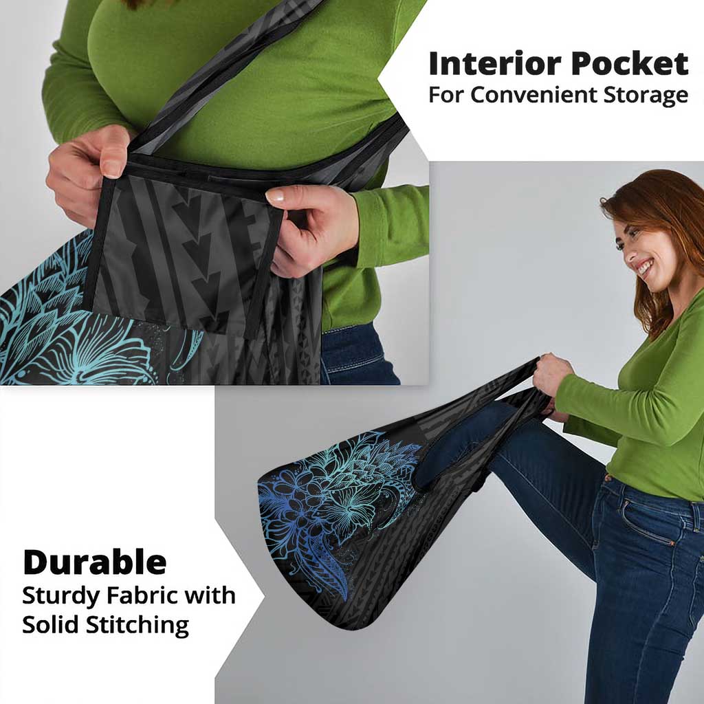 Floral Polynesian Hibiscus Tattoo Grocery Bag Blue Gradient Style