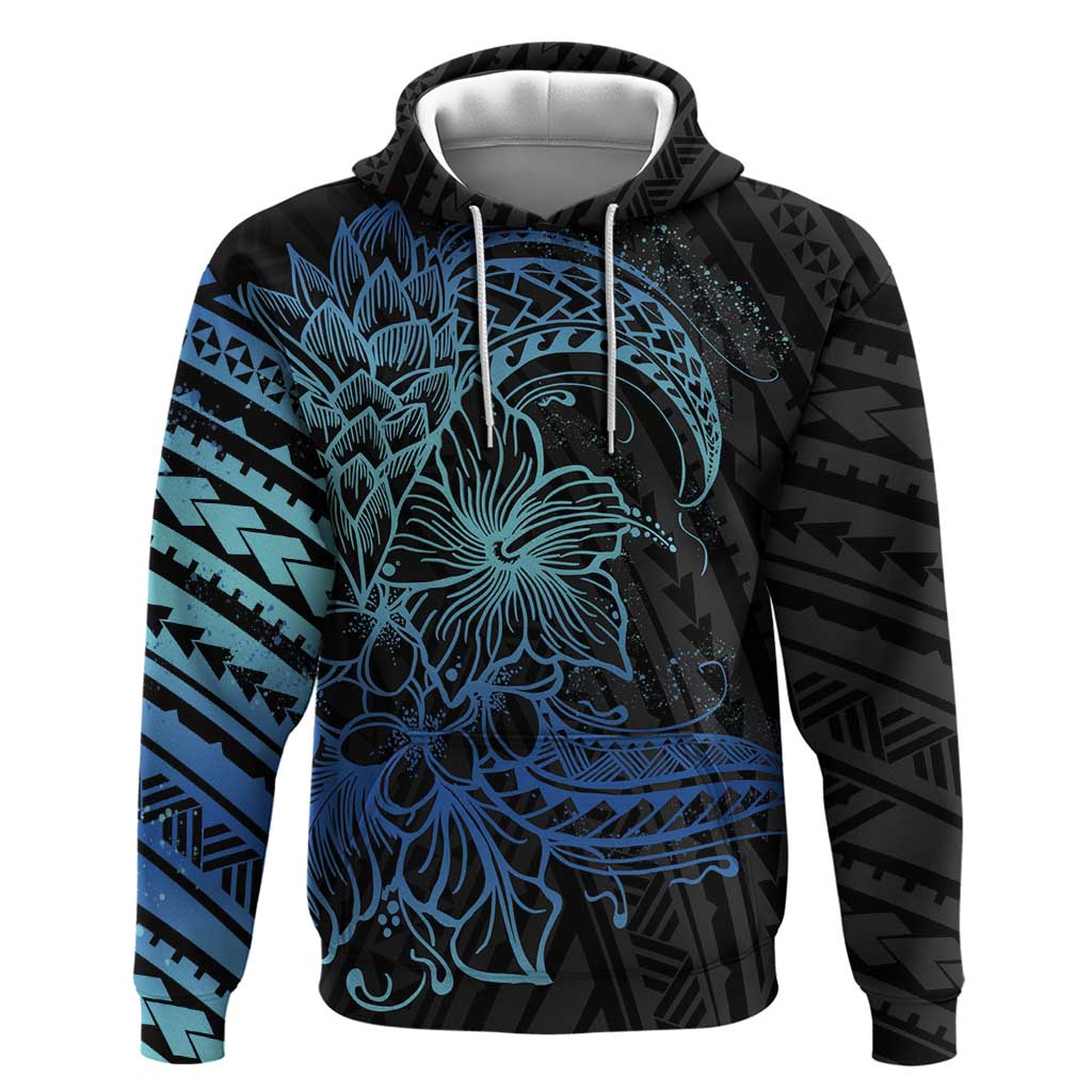 Floral Polynesian Hibiscus Tattoo Hoodie Blue Gradient Style