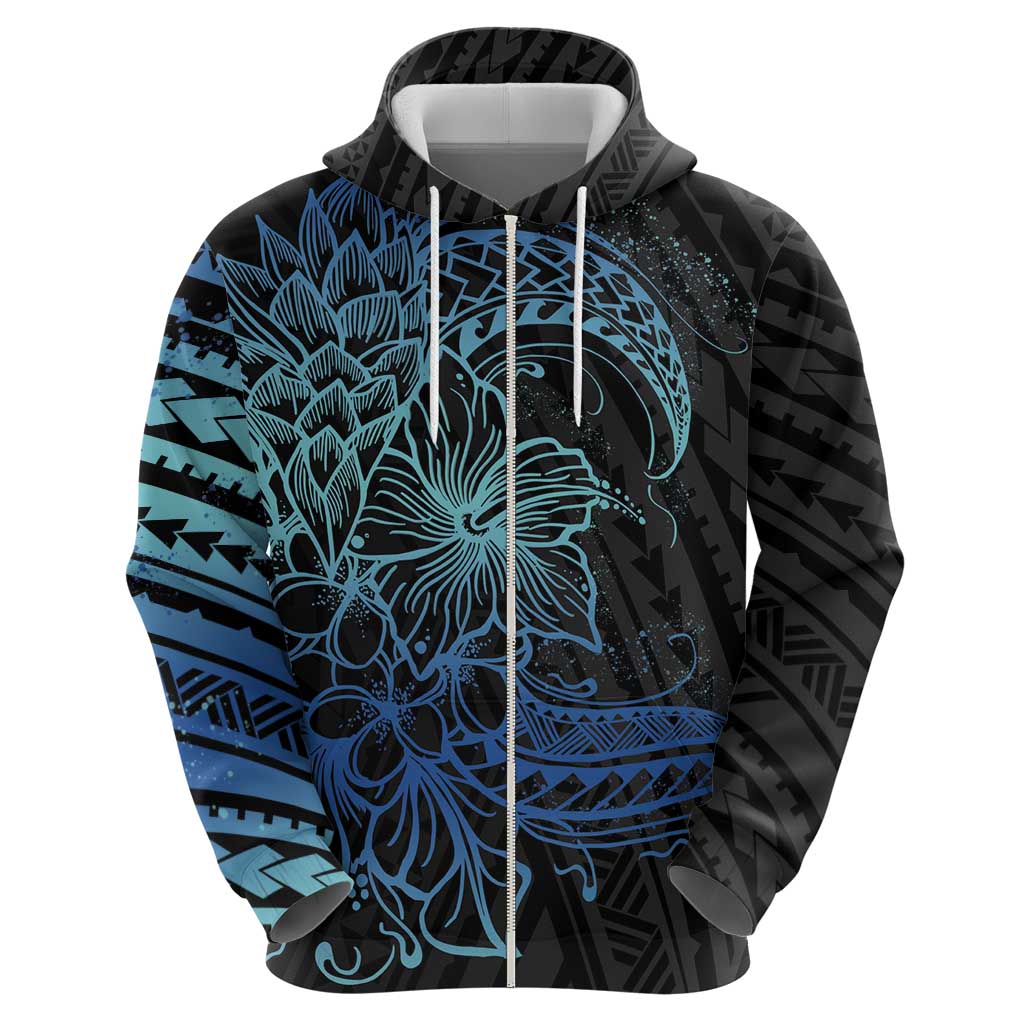 Floral Polynesian Hibiscus Tattoo Hoodie Blue Gradient Style