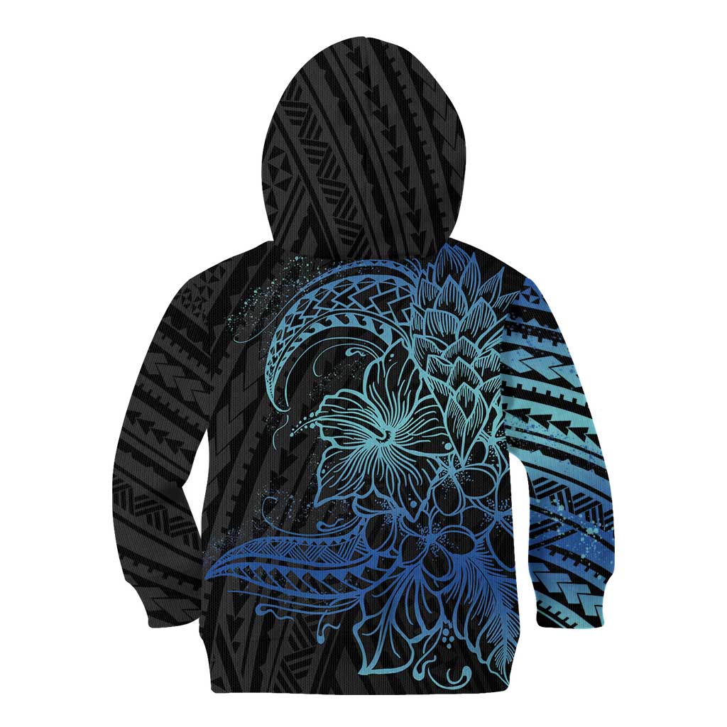 Floral Polynesian Hibiscus Tattoo Kid Hoodie Blue Gradient Style