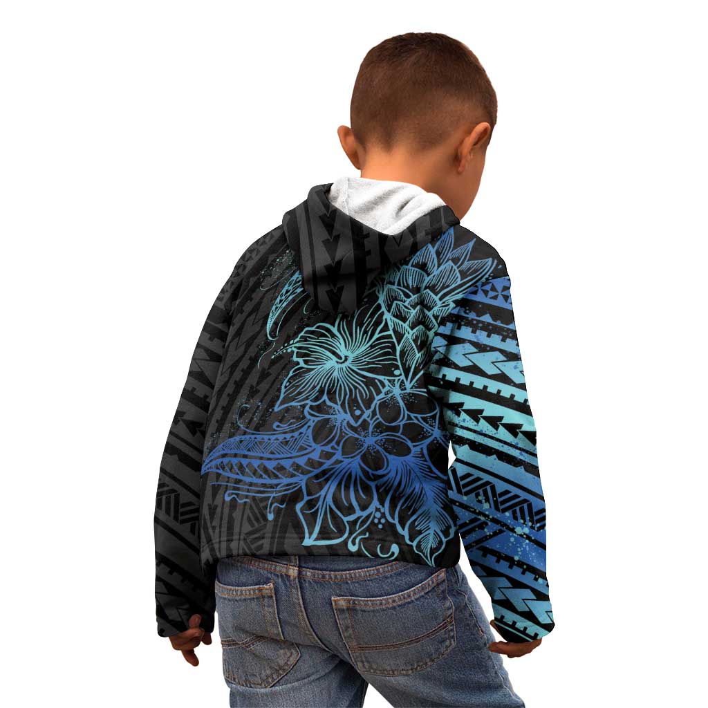 Floral Polynesian Hibiscus Tattoo Kid Hoodie Blue Gradient Style