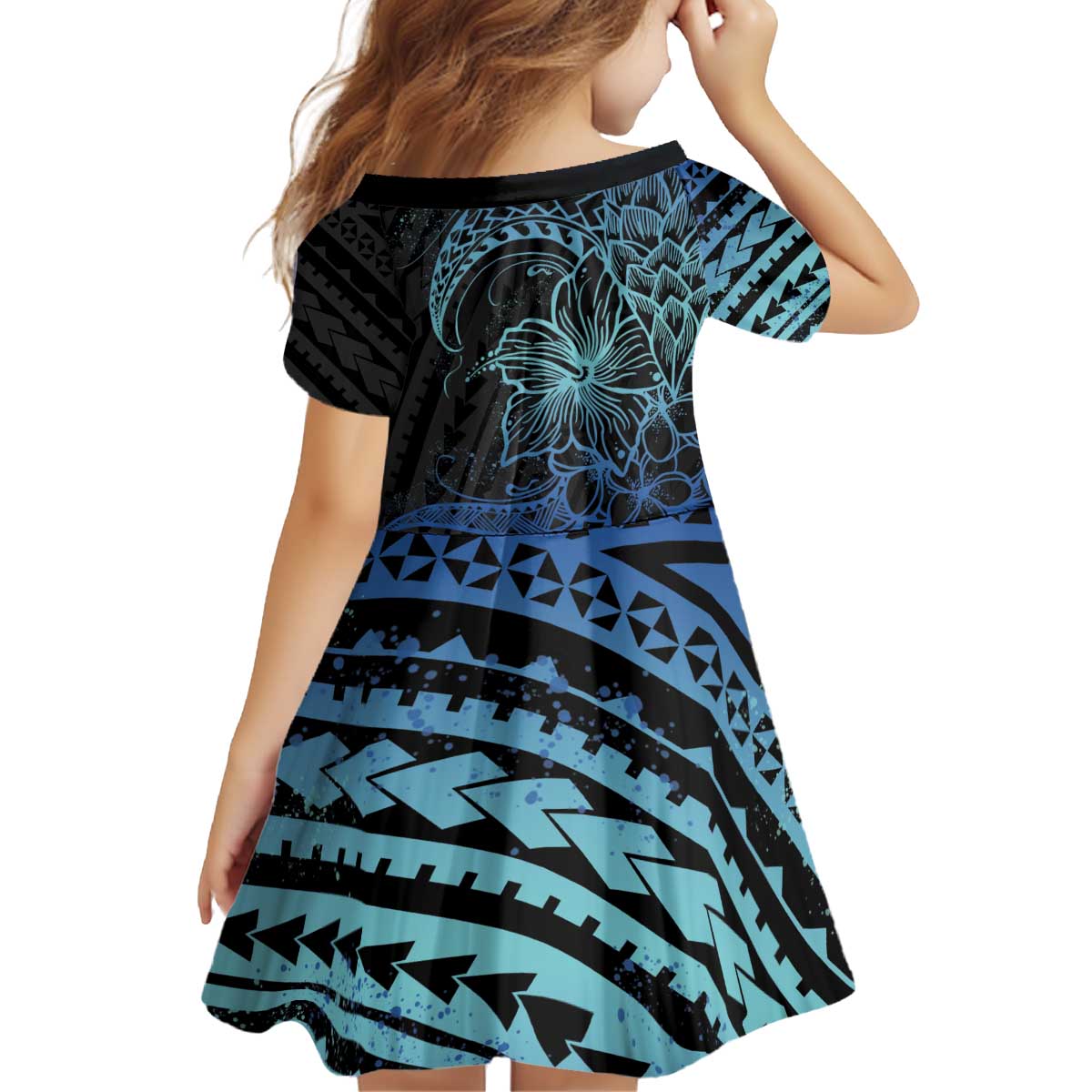 Floral Polynesian Hibiscus Tattoo Kid Short Sleeve Dress Blue Gradient Style