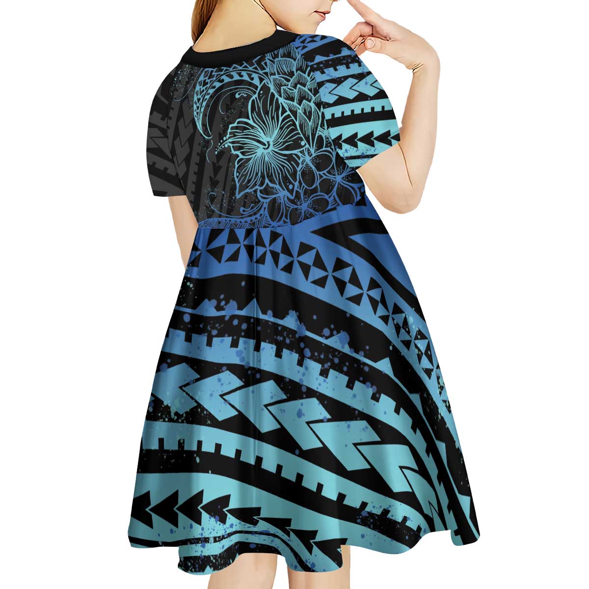 Floral Polynesian Hibiscus Tattoo Kid Short Sleeve Dress Blue Gradient Style